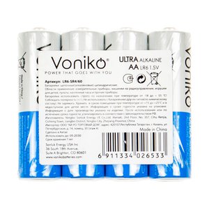 Изображение 1, V-LR6U(4) Батарейка AA LR6 1.5V термопленка 4шт. (цена за 1шт.) Alkaline Ultra VONIKO