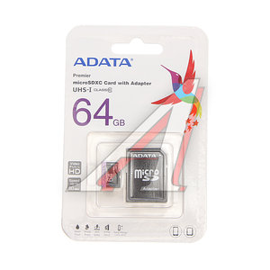 Изображение 1, AUSDX64GUICL10-RA1 Карта памяти 64GB MicroSD class 10 + SD адаптер ADATA
